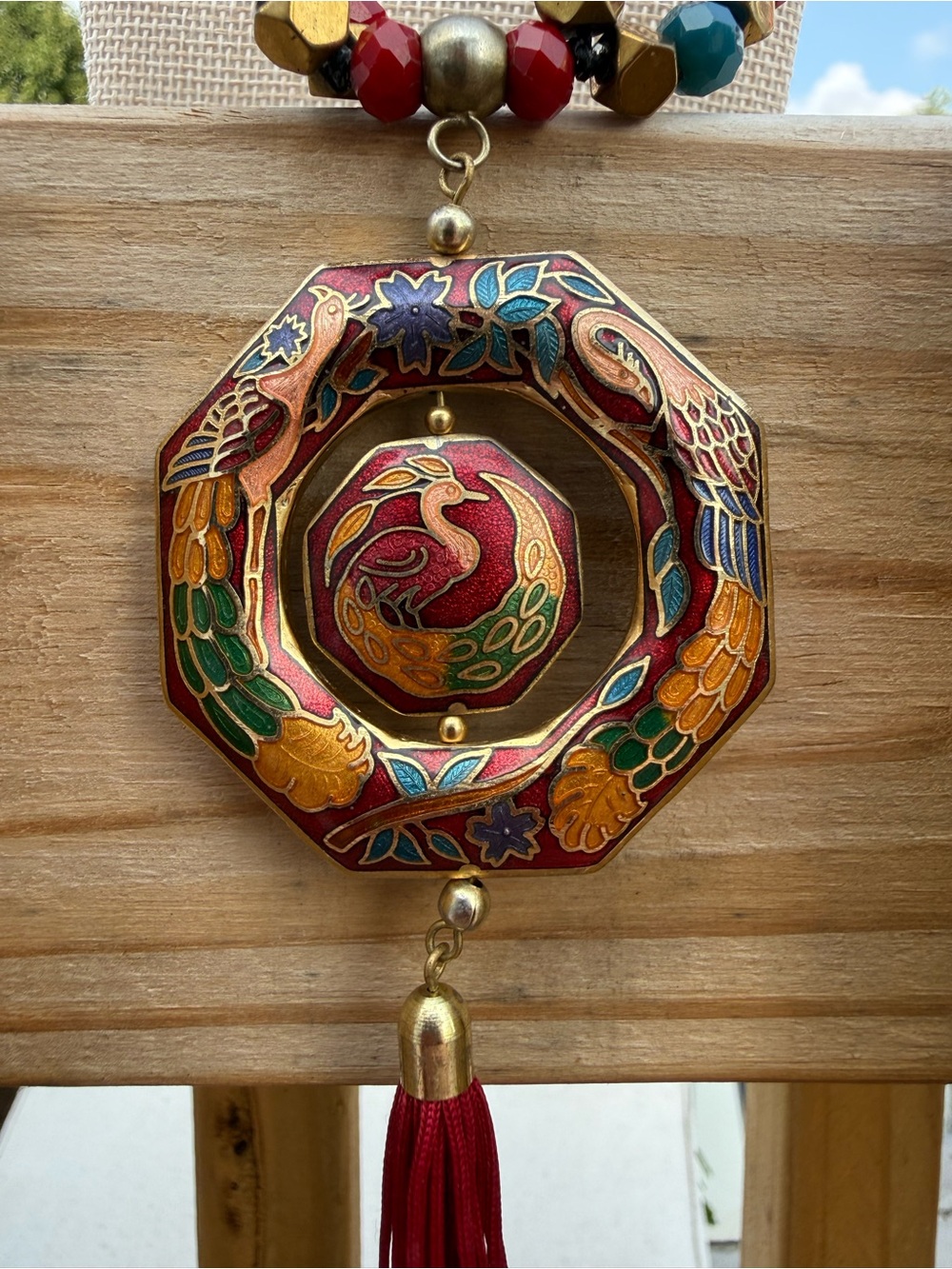 Handmade Glass Beaded Earrings & Necklace with Cloisonné Pendant & Red Tassel - Picture 5 of 7